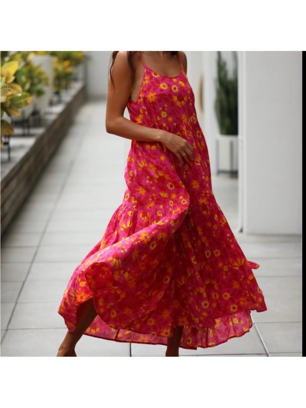 XIX Palms Hot Pink Floral Tiered Maxi Dress with Spaghetti Straps